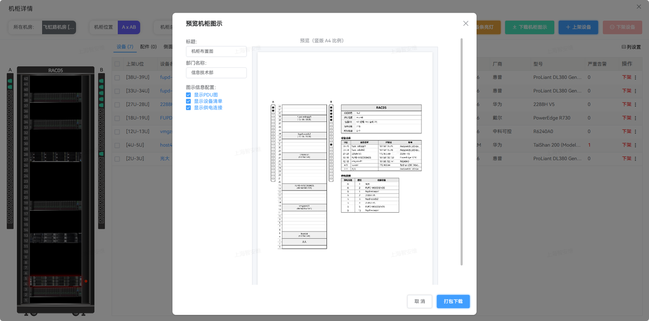 机柜标签：落位图与设备清单